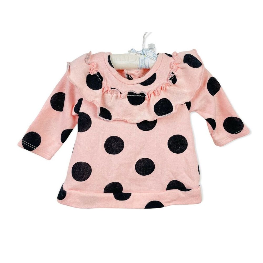 Tucker Tate Pink Black Baby Girl Polka Dot Ruffle Dress Long Sleeved 3m 3 Months